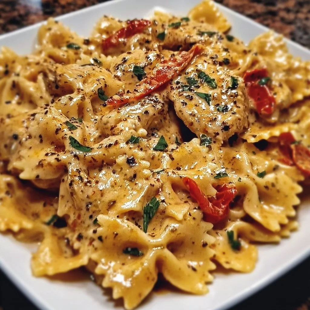 Parmesan roasted chicken with red pepper bowties in garlic cream sauce.