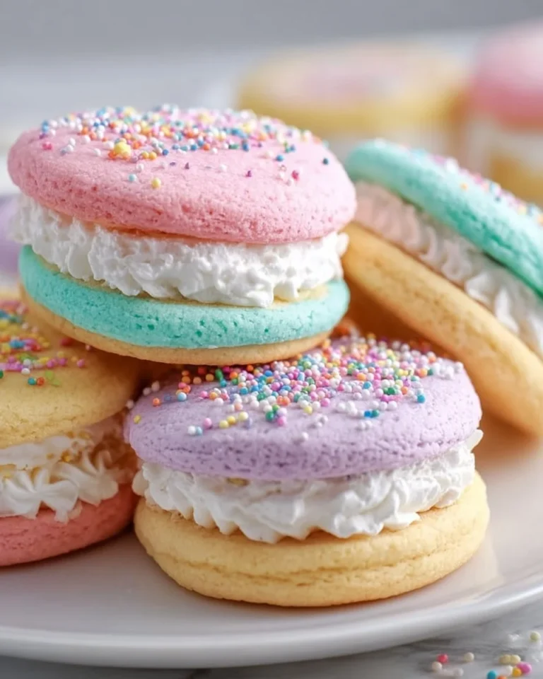 Pastel sugar cookie sandwiches with colorful frosting and sprinkles