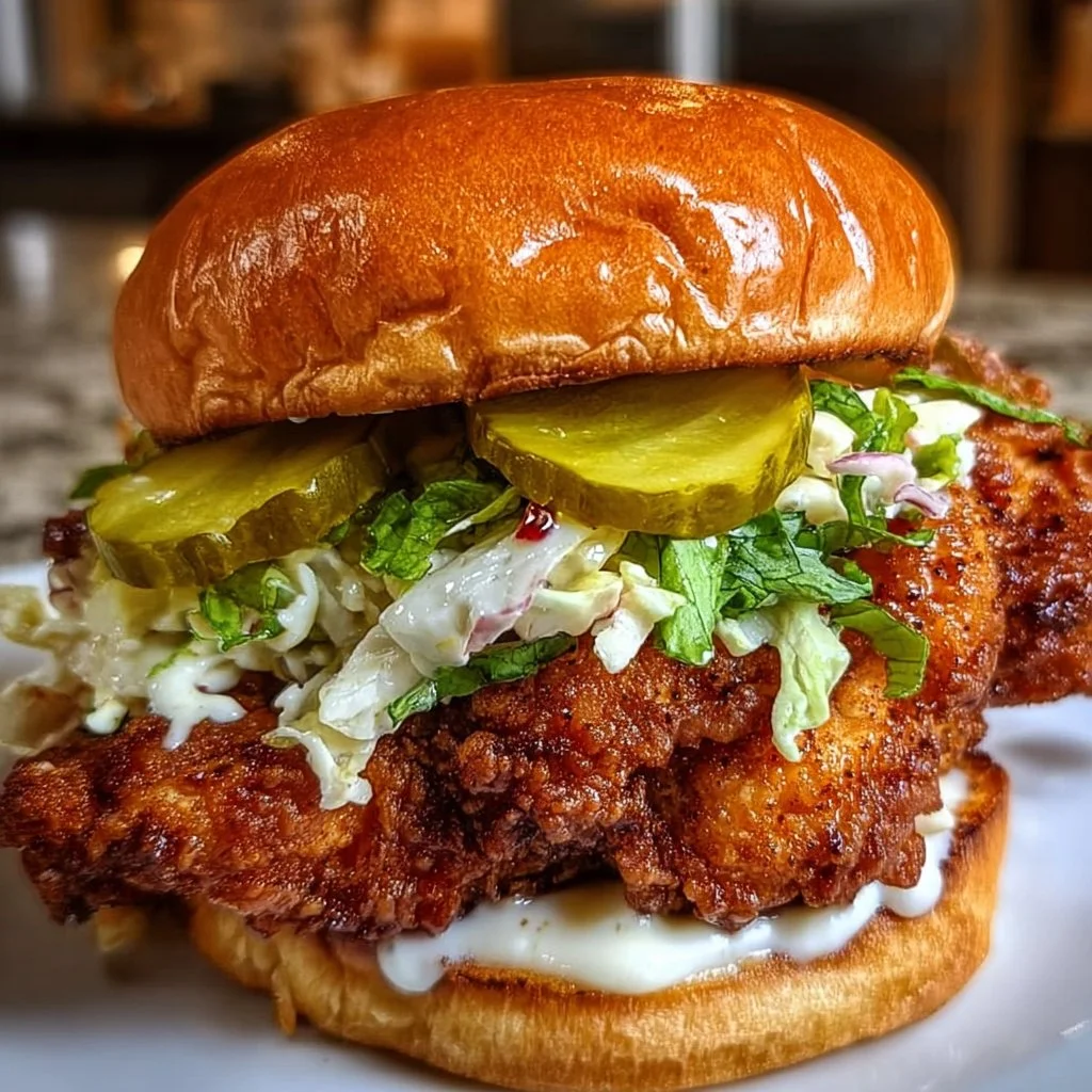 Delicious pickle brined fried chicken sandwich with crispy coating and pickles