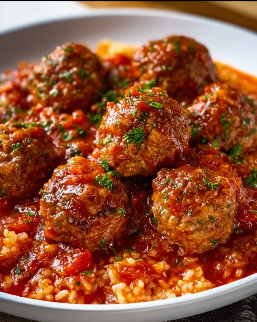 Delicious porcupine meatballs served on a plate with sauce and herbs.