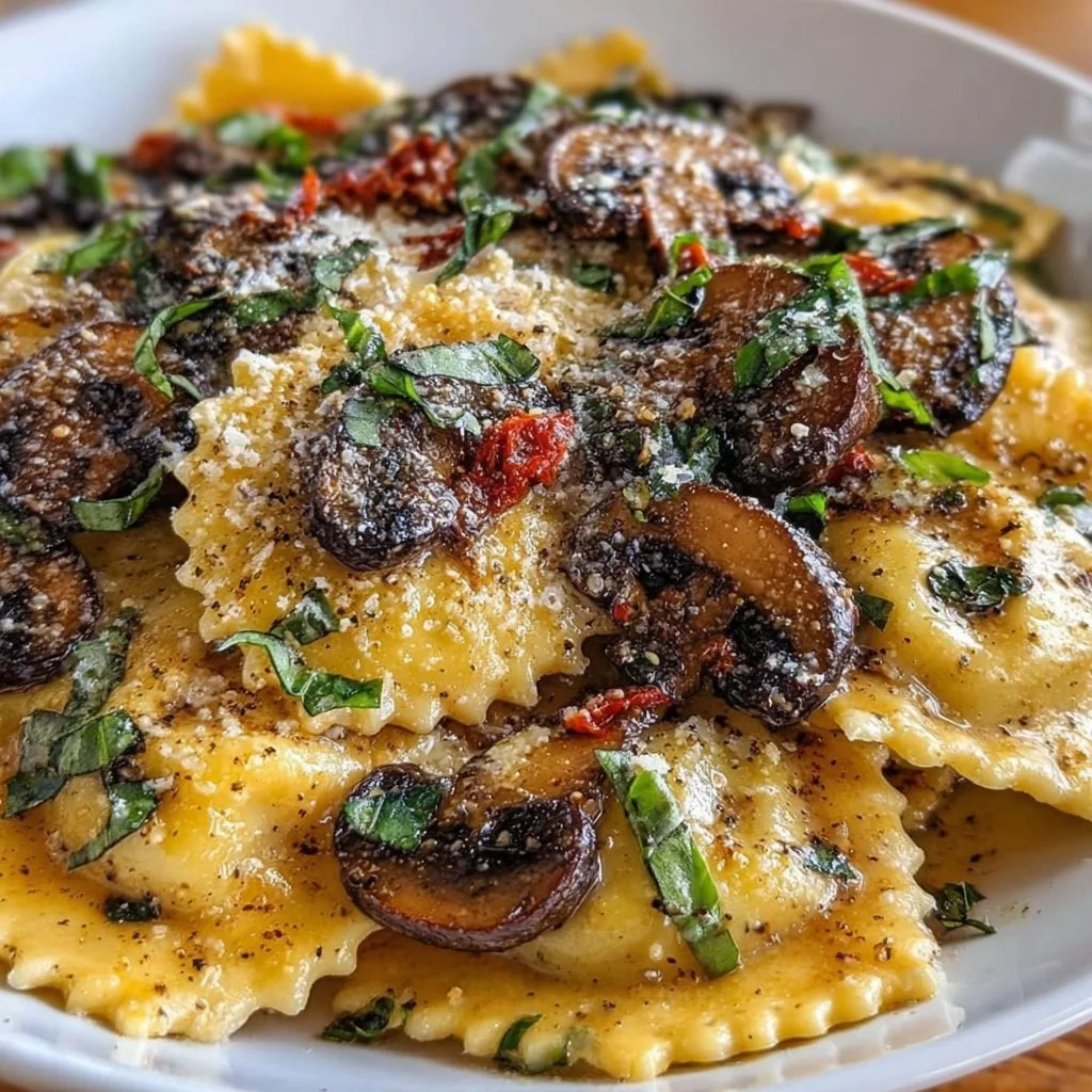 Plate of homemade Portobello Ravioli garnished with herbs