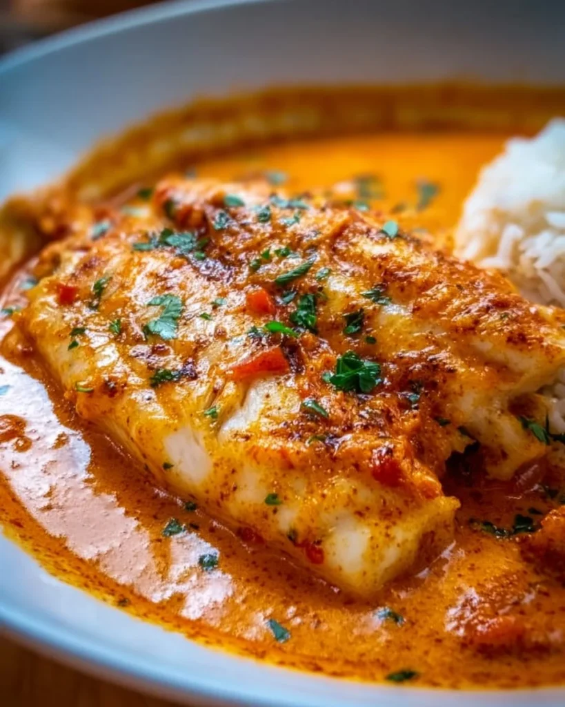 Quick tilapia fillets served in roasted pepper sauce on a plate.