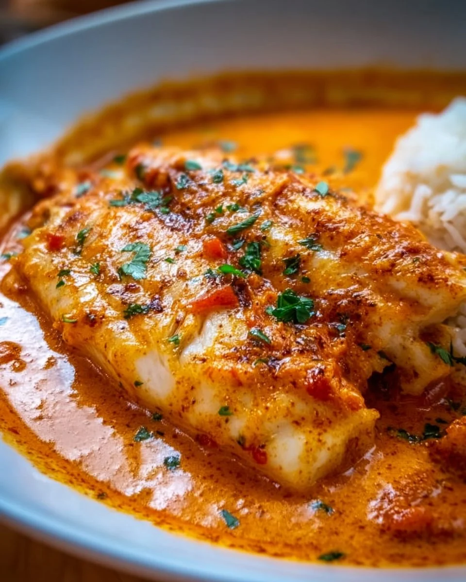 Quick tilapia fillets served in roasted pepper sauce on a plate.