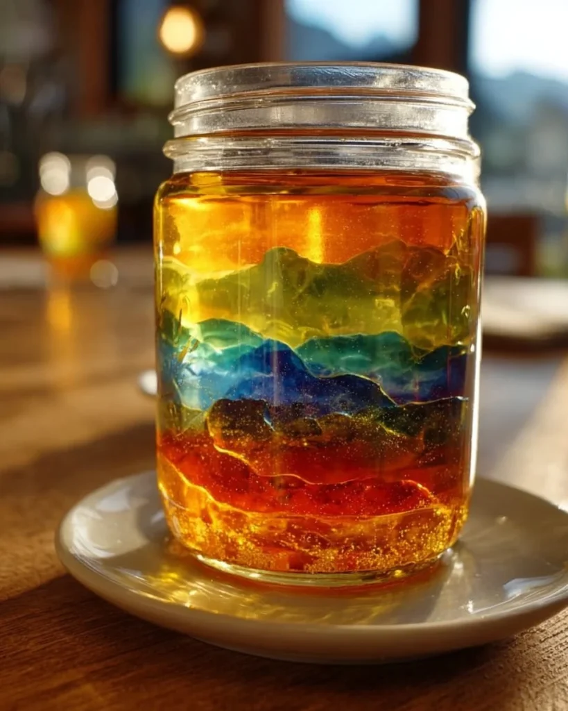 A vibrant rainbow jar filled with layers of colored liquids.