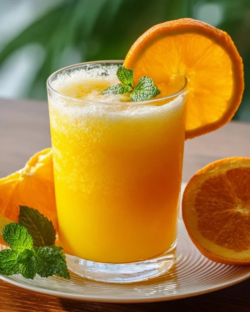 Refreshing Coconut Orange Glow drink with coconut and orange slices