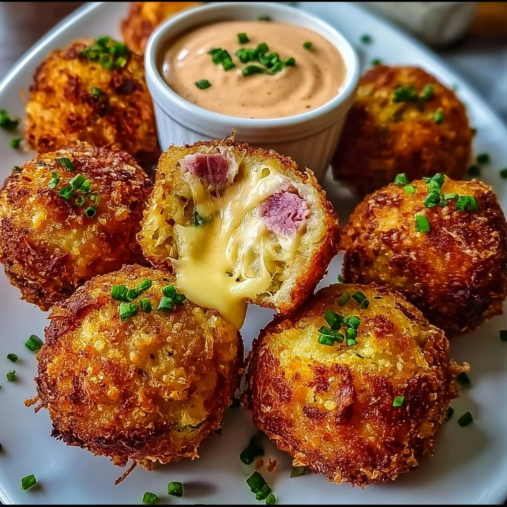 Crispy Reuben Balls served with spicy Thousand Island dipping sauce