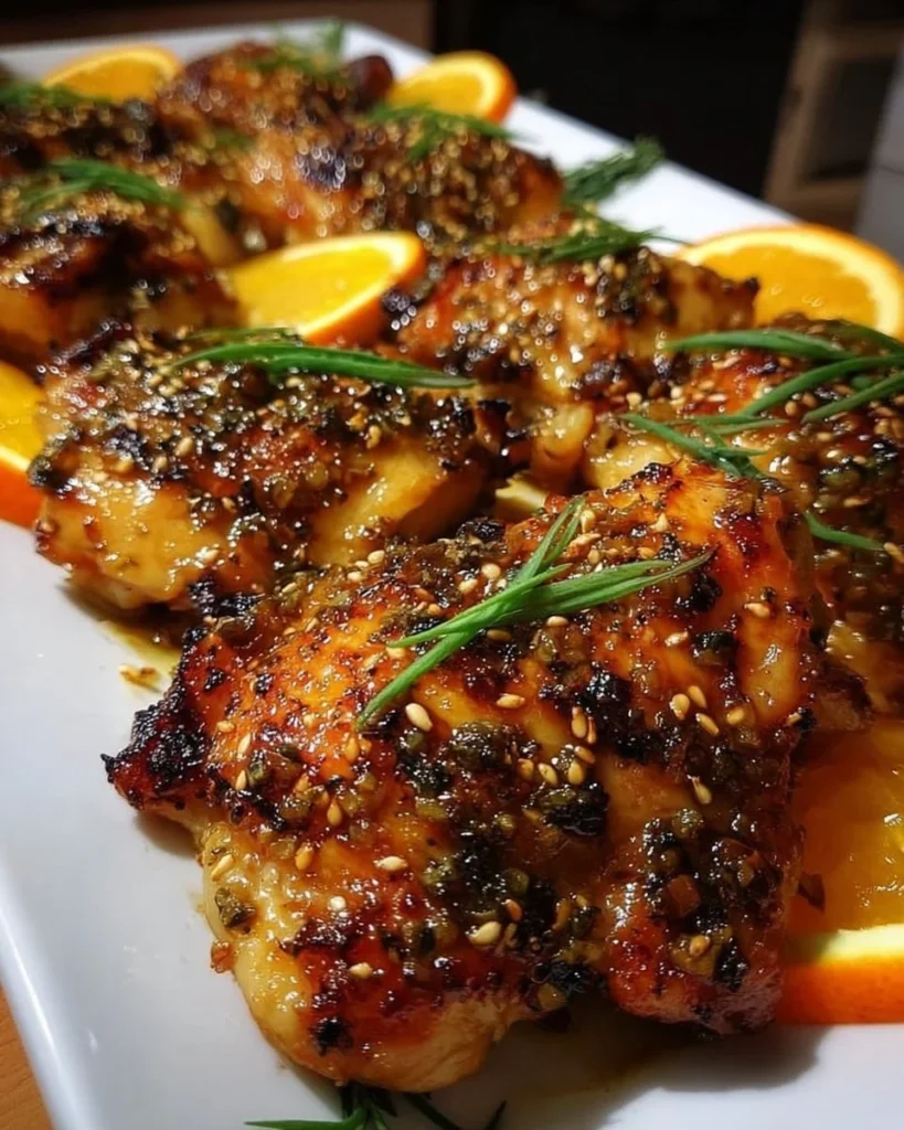 Succulent roasted orange chicken garnished with fresh herbs and citrus slices.