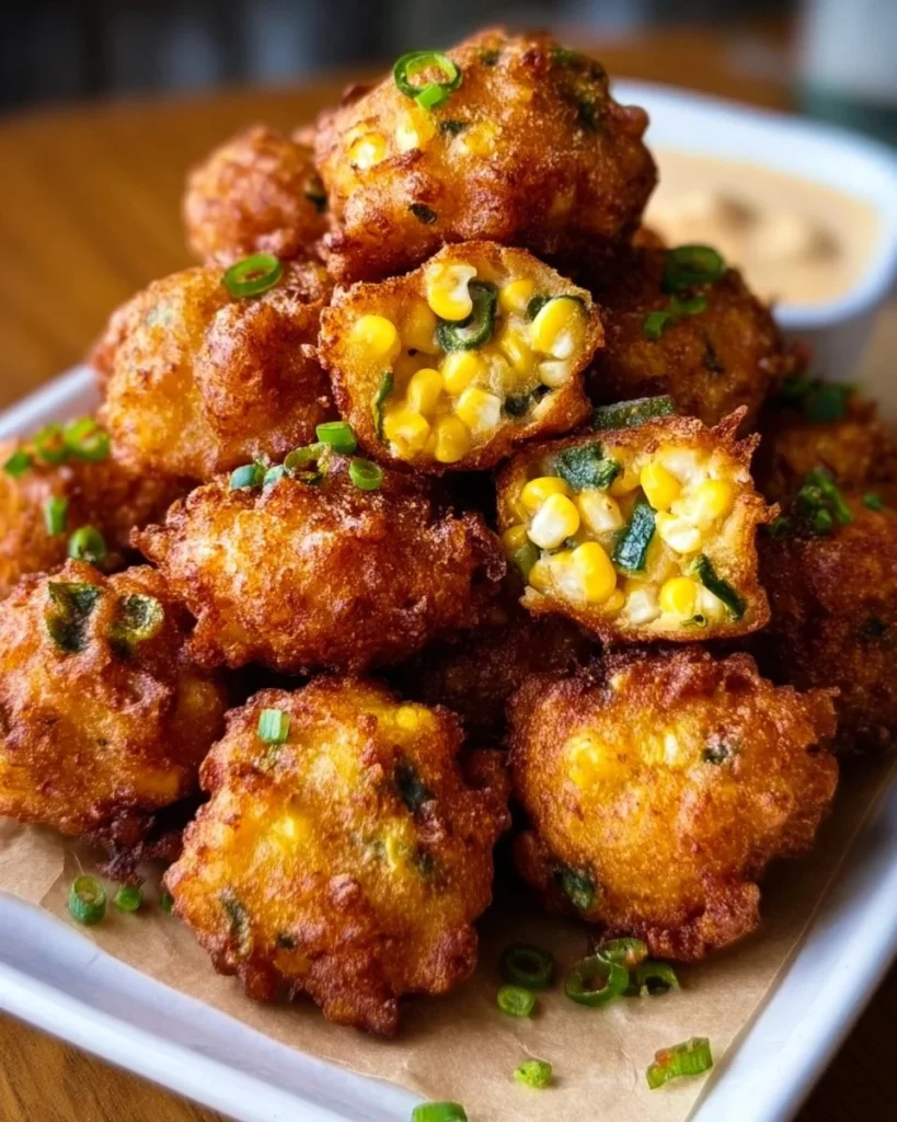 Savory jalapeño corn fritters served on a plate with dipping sauce