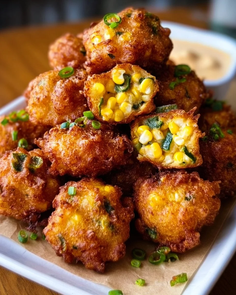 Savory jalapeño corn fritters served on a plate with dipping sauce