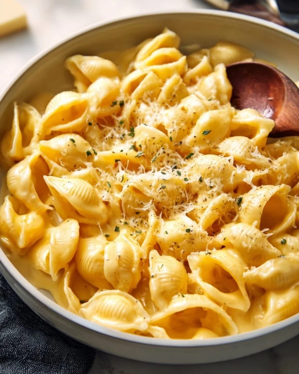 Creamy shells and cheese topped with golden breadcrumbs and herbs