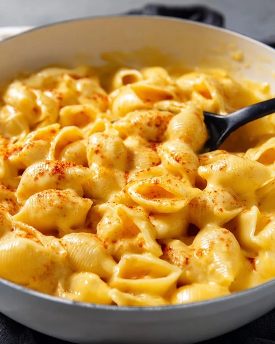 Creamy Shells and Cheese served in a bowl with a sprinkle of herbs