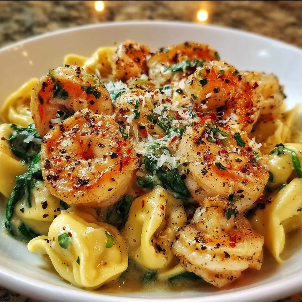 Delicious Shrimp Tortellini in Garlic Sauce served on a plate