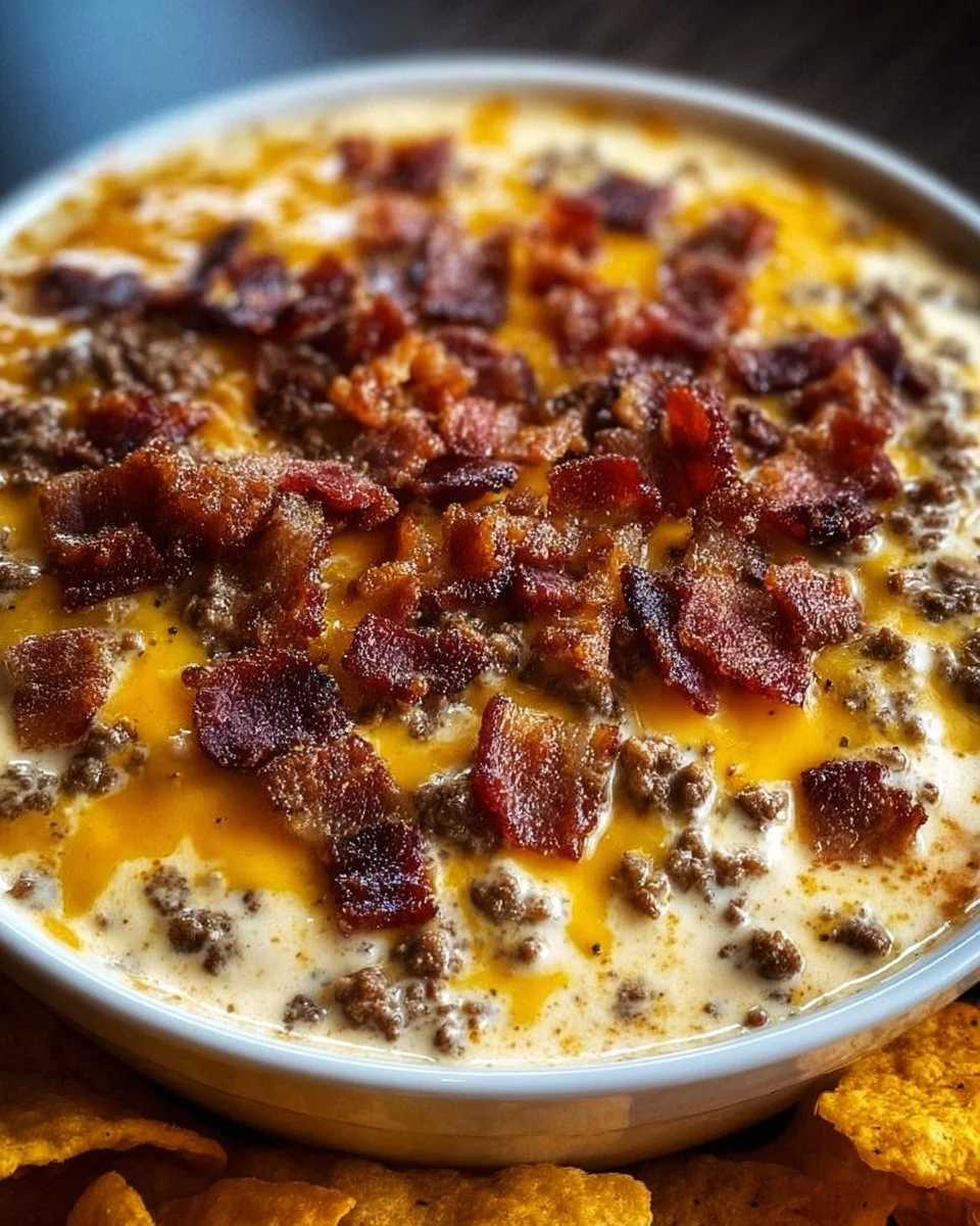 Delicious Bacon Cheeseburger Queso Dip in a serving bowl