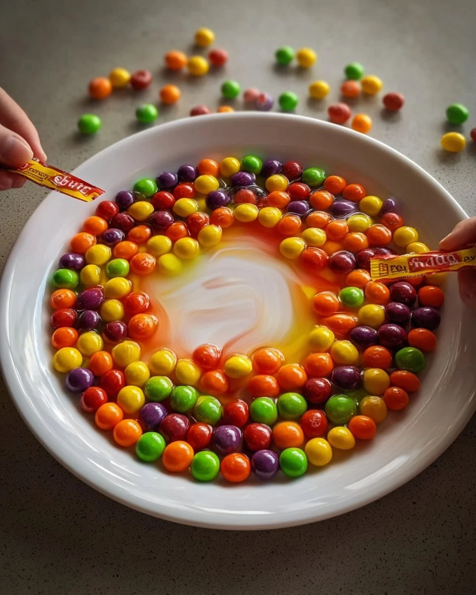 Skittles Rainbow Science experiment showing vibrant color patterns in water.