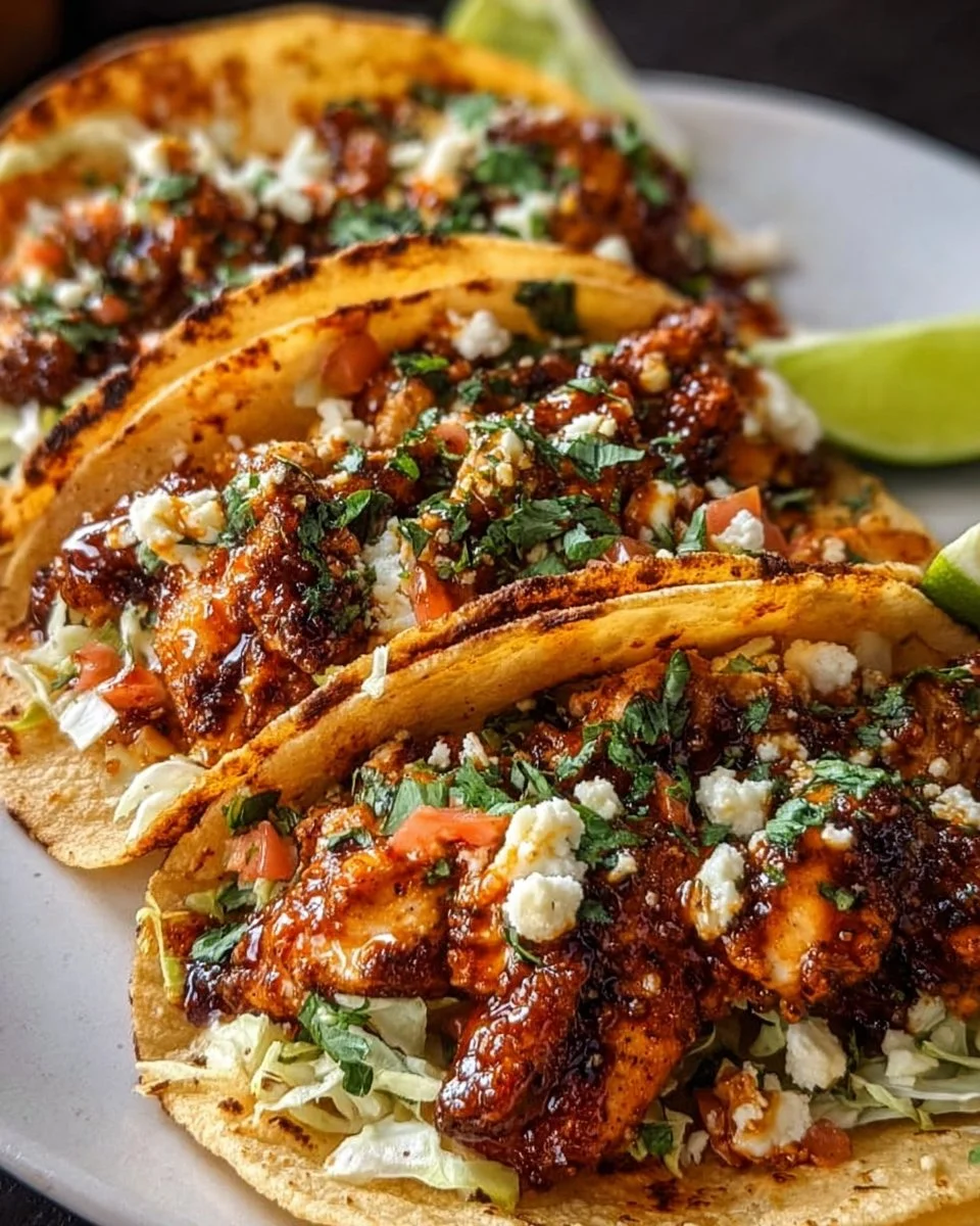 Smashed hot honey chicken tacos with cowboy butter on a plate