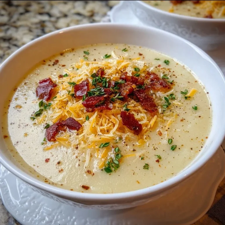 Bowl of creamy Smoked Gouda Potato Soup garnished with herbs.