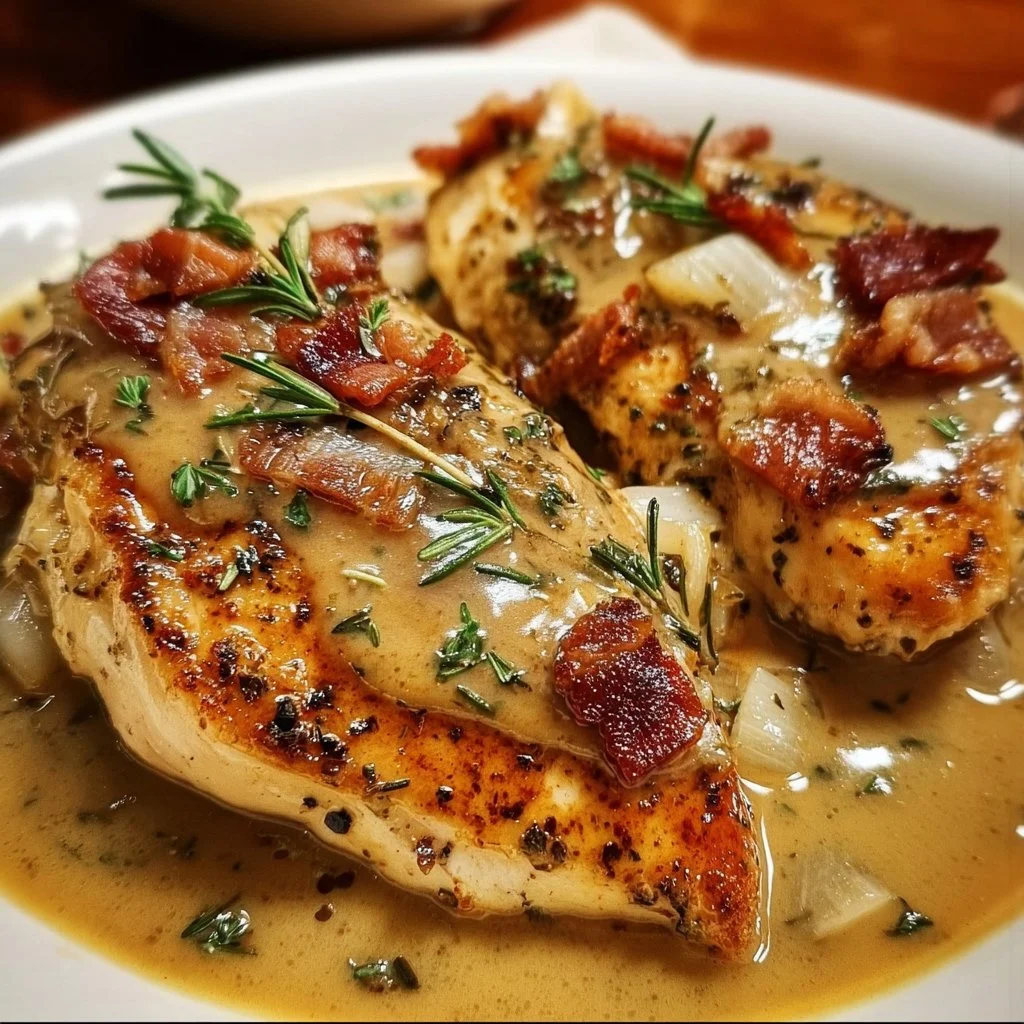 Delicious smothered chicken served with rich gravy and sides