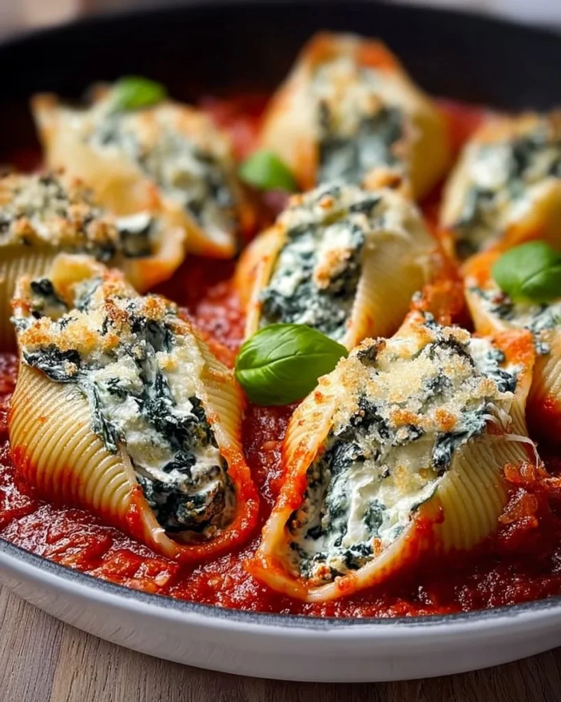 Delicious spinach and ricotta stuffed shells topped with marinara sauce