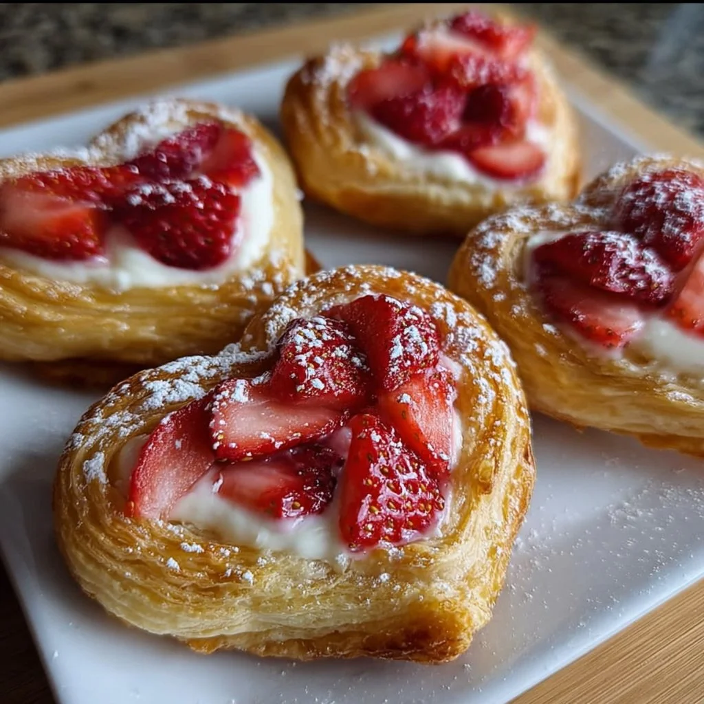 Heart-shaped Strawberry Cream Cheese Danishes ready for serving