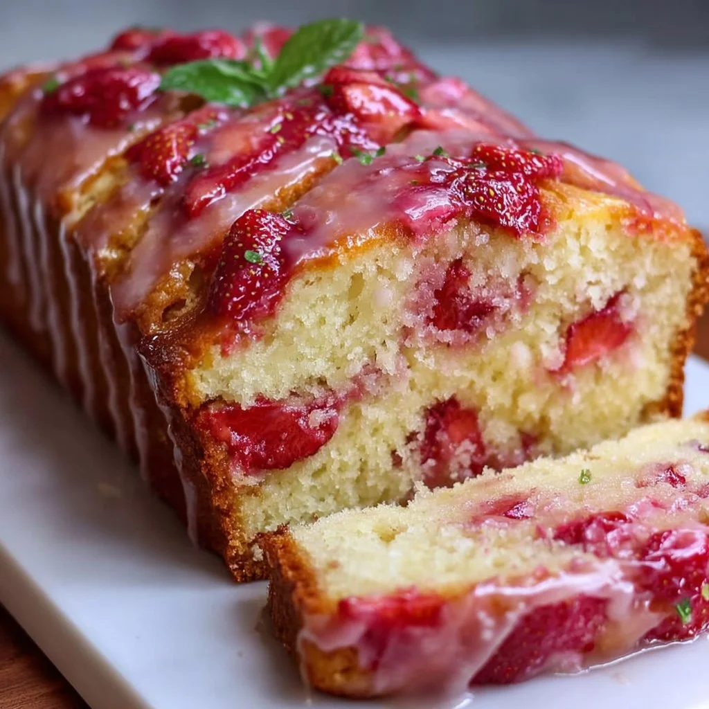 Freshly baked strawberry glaze loaf with vibrant strawberry topping