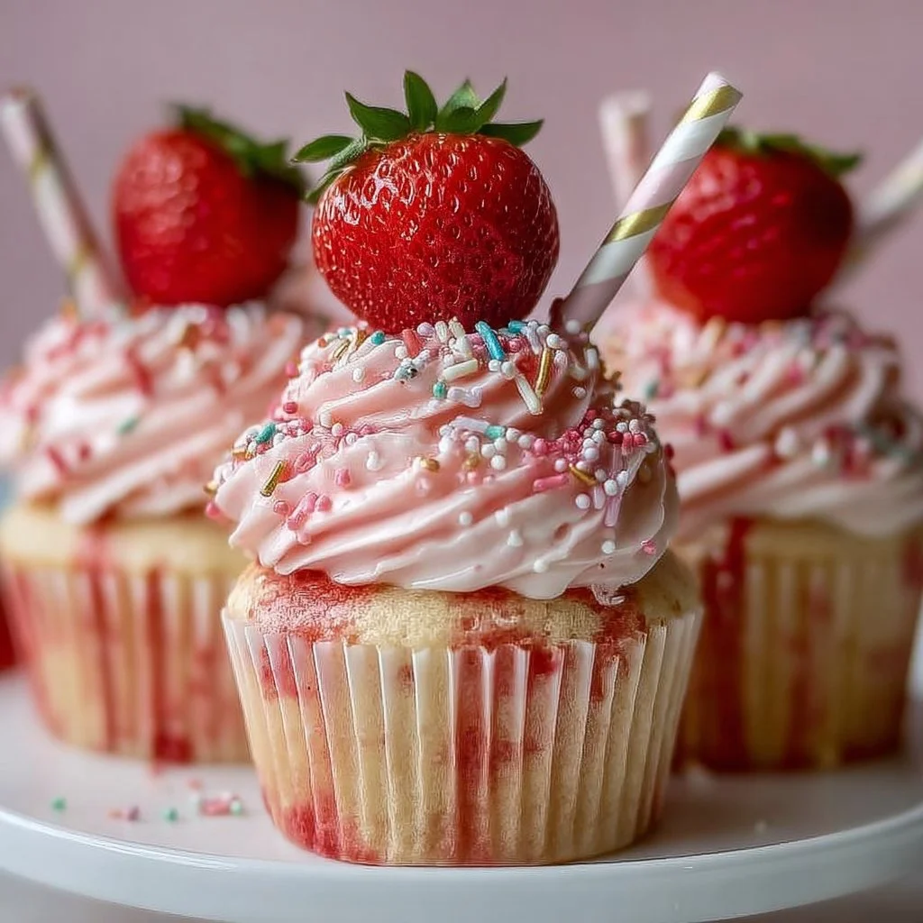 Delicious strawberry milkshake cupcakes topped with whipped cream and fresh strawberries.