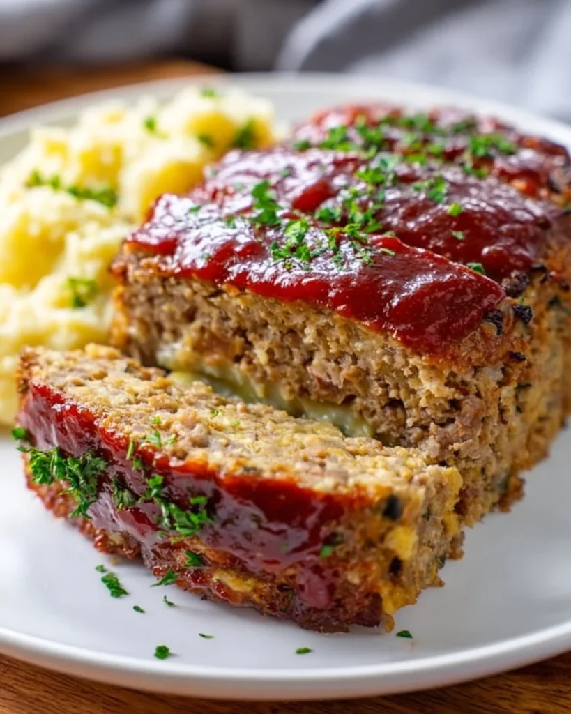 Homemade Stuffing Meatloaf garnished with herbs on a plate.