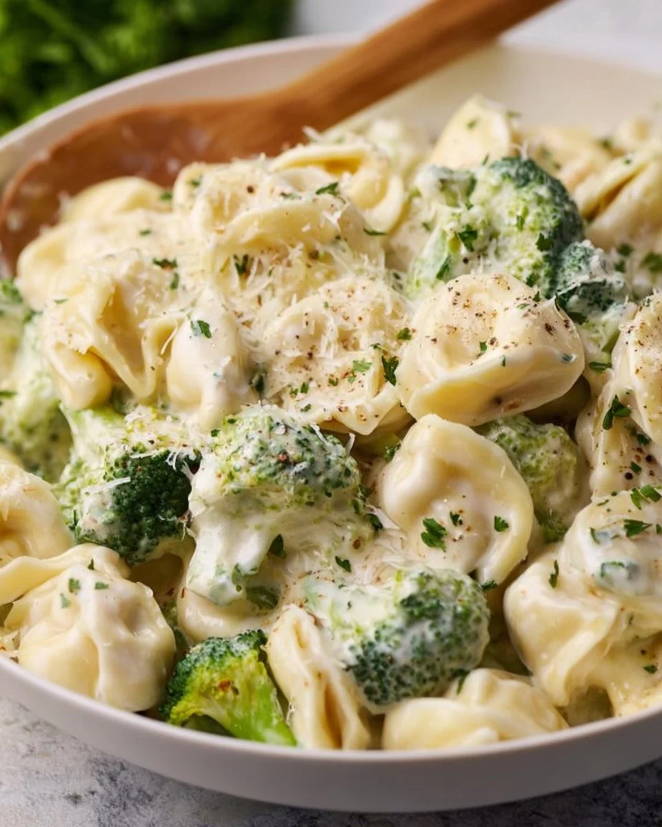 Delicious bowl of Tortellini Alfredo with creamy sauce and parsley garnish