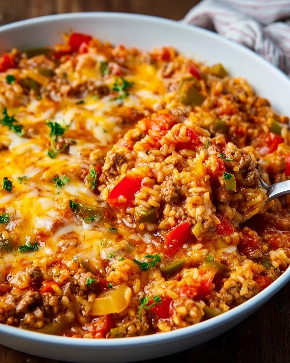 Bowl of unstuffed peppers with rice, tomatoes, and spices