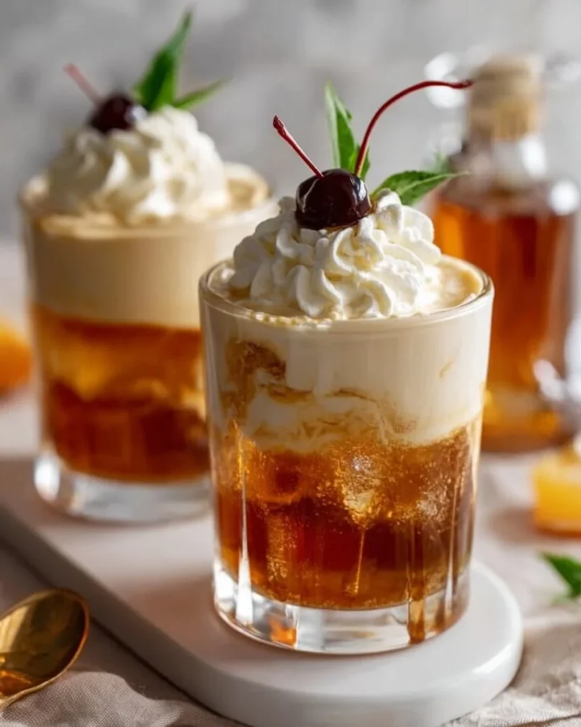 Homemade Vanilla Bourbon Cream Soda in a glass garnished with vanilla beans.