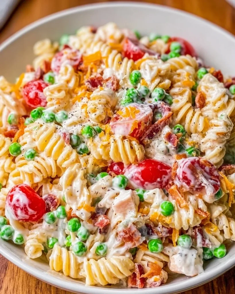 Bacon Ranch Pasta Salad with crispy bacon and creamy dressing
