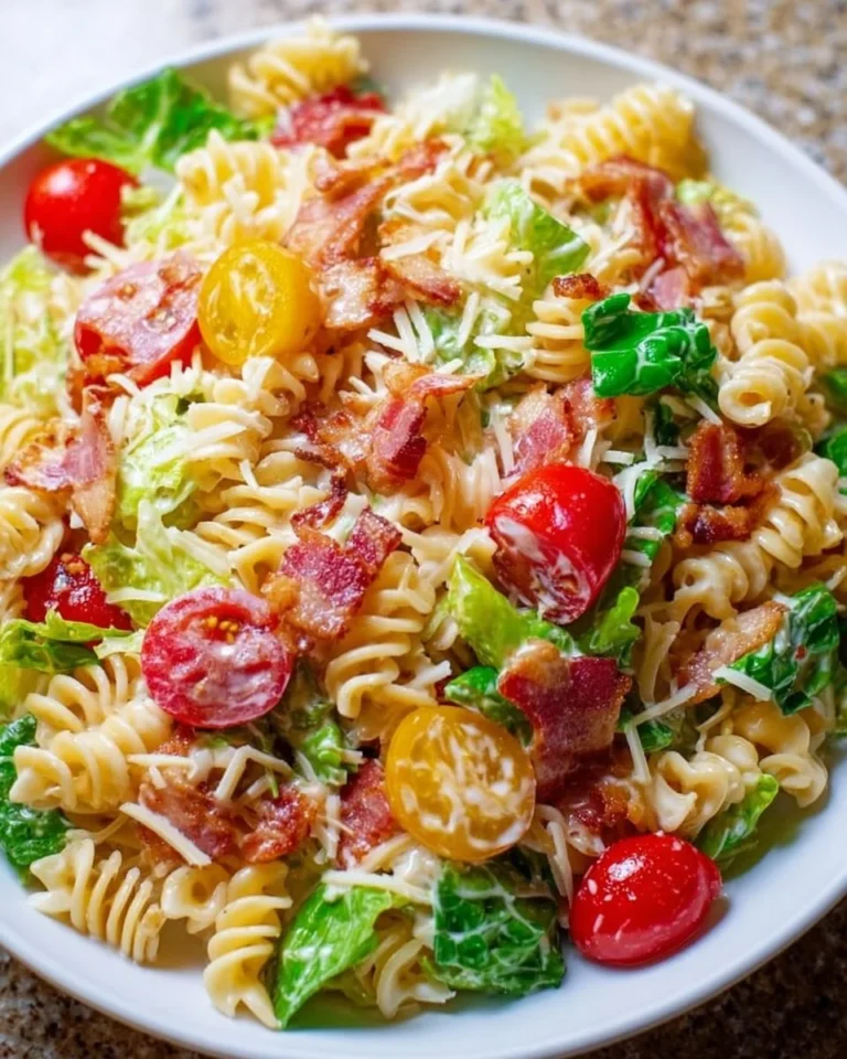 Colorful BLT Pasta Salad with bacon, lettuce, and tomatoes in a bowl