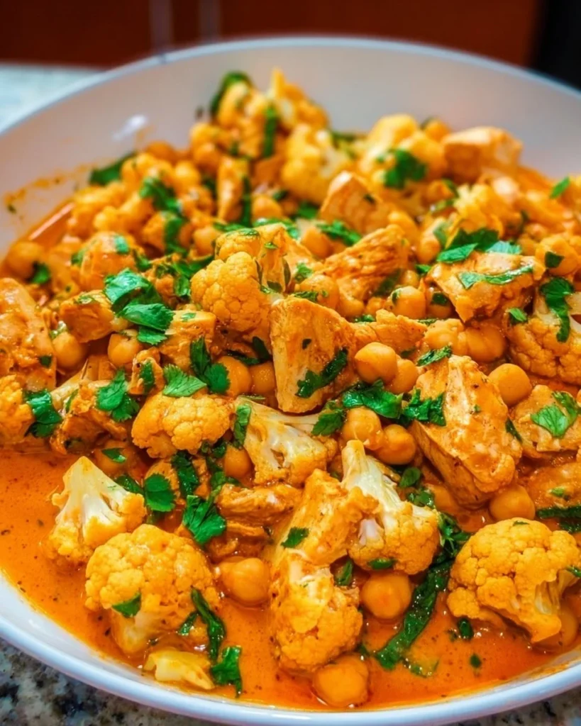 Chicken cauliflower and chickpea coconut curry in a bowl with fresh herbs.