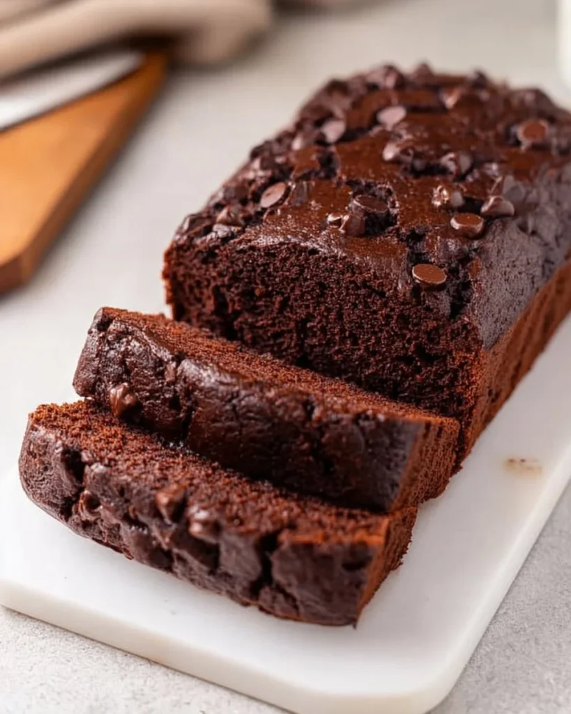 Freshly baked chocolate bread loaf with a moist, rich texture