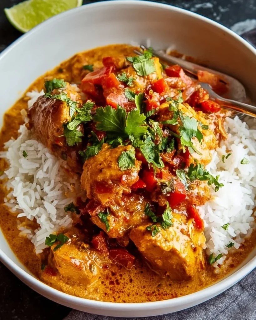 Plate of coconut curry chicken garnished with fresh herbs and served with rice.