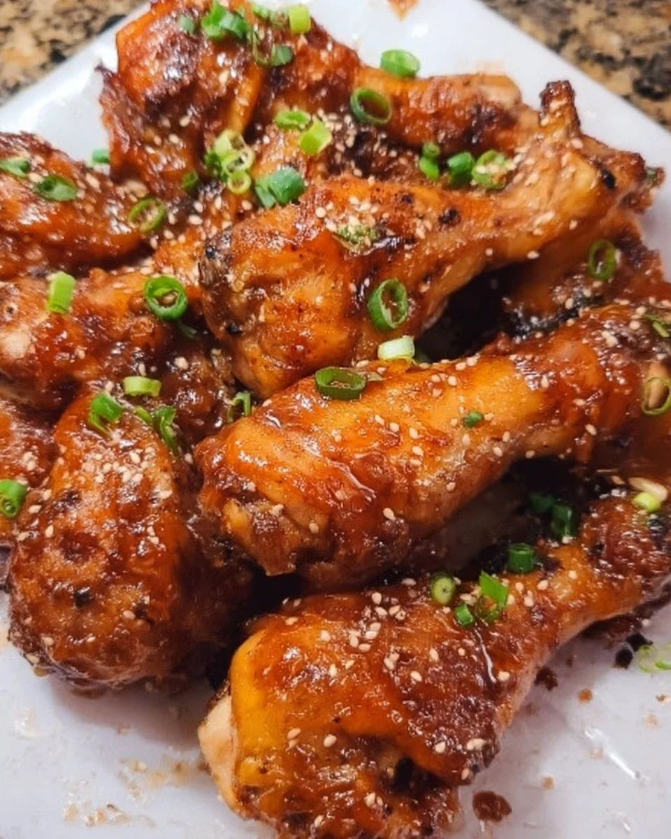 Crockpot honey garlic drumsticks served on a plate with herbs