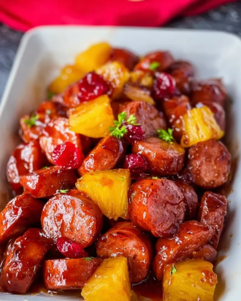 Delicious Crockpot Kielbasa Appetizer ready to serve at a party.