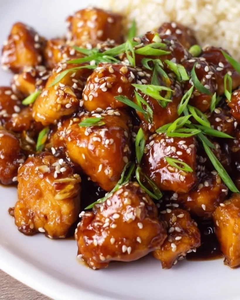 Delicious Crockpot Orange Chicken served on a plate with rice and vegetables.