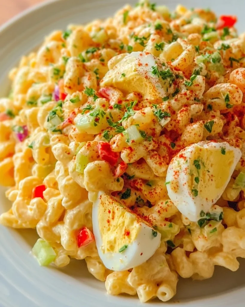 Delicious deviled egg pasta salad served in a colorful bowl