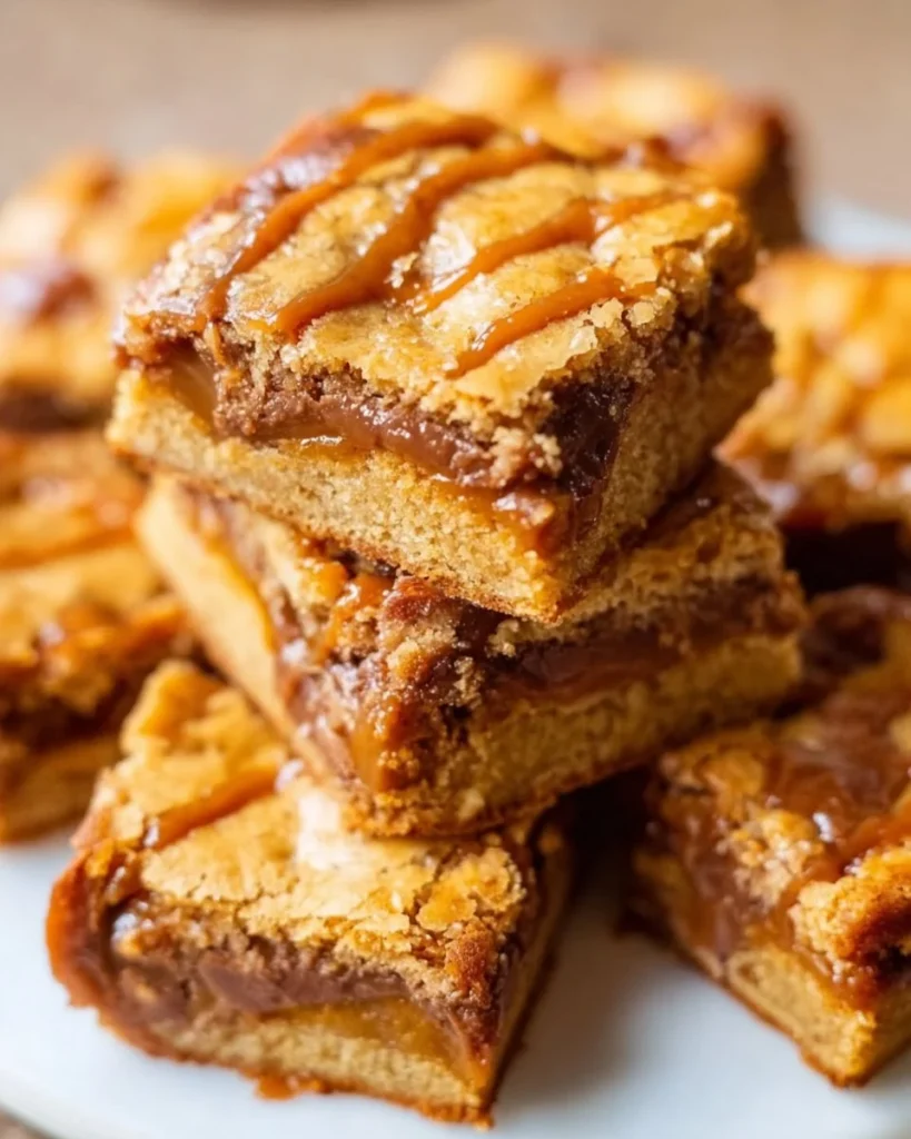 Delicious Dulce de Leche Blondies topped with Rolo candies