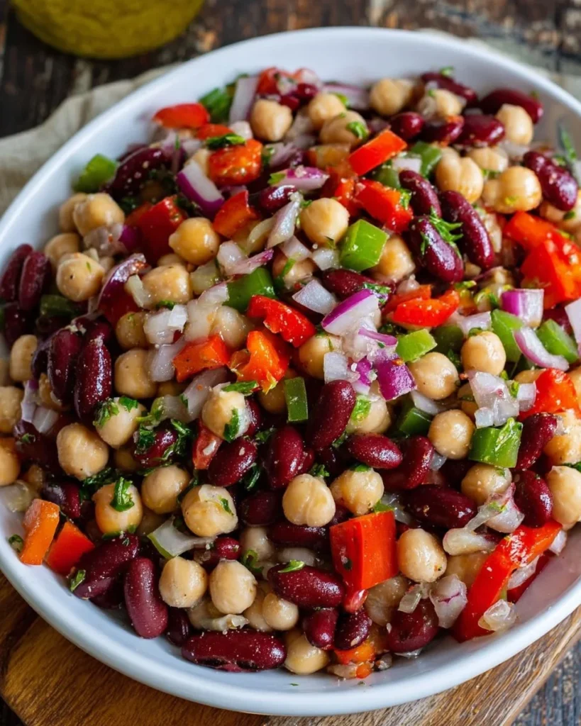 Easy bean salad with colorful vegetables and dressing in a bowl