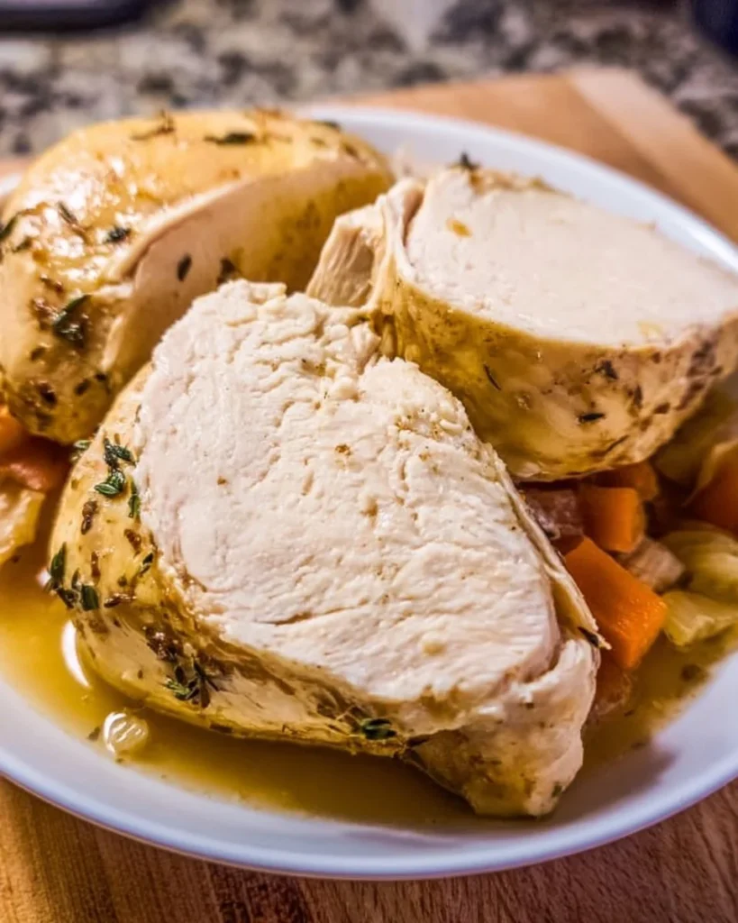 Juicy poached chicken served on a plate with herbs and vegetables.