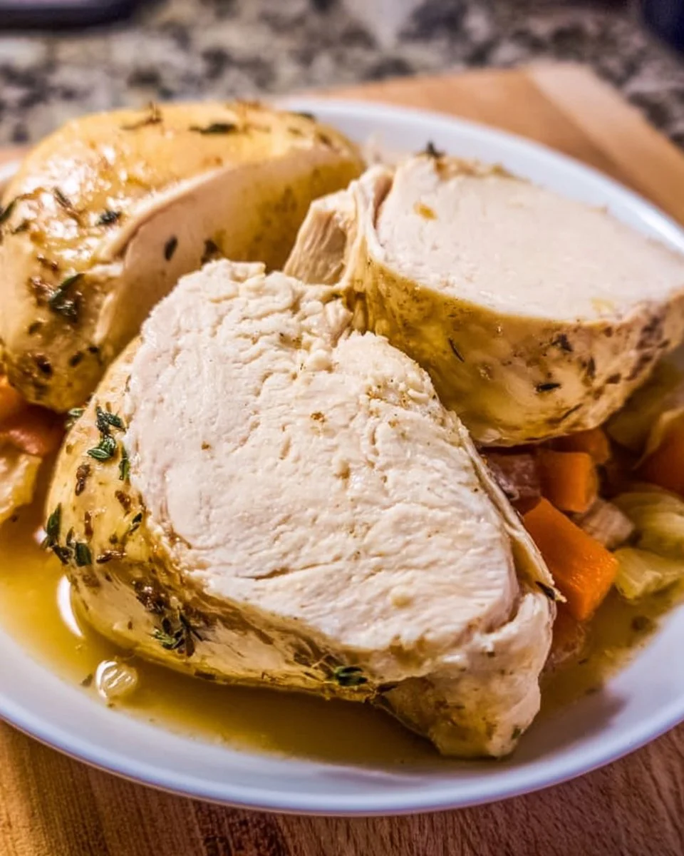 Juicy poached chicken served on a plate with herbs and vegetables.