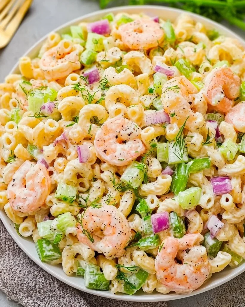 Bowl of easy shrimp pasta salad with colorful vegetables and dressing