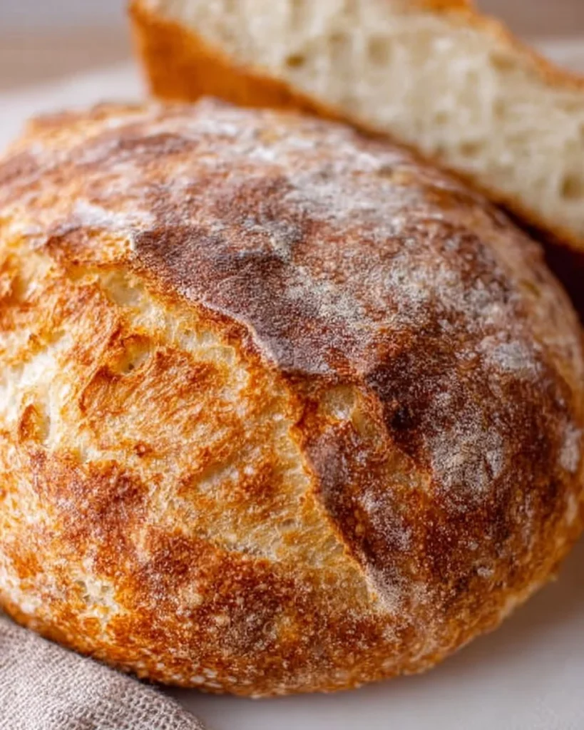 Loaf of easy homemade sourdough bread on a wooden cutting board.