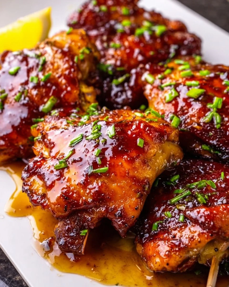 Delicious Easy Sticky Glaze Chicken garnished with herbs on a plate.