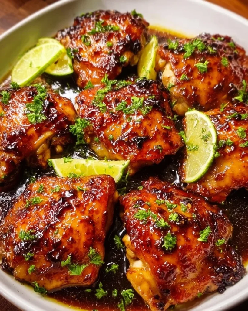 Plate of easy sticky lemon chicken garnished with lemon slices and herbs.