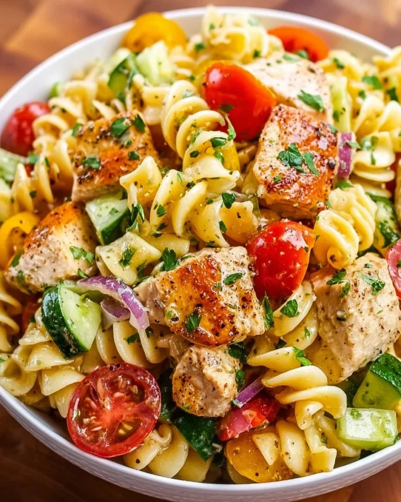 Delicious Italian chicken pasta salad topped with fresh vegetables and herbs.