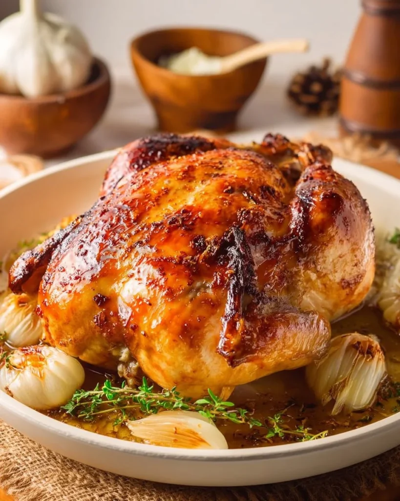 Juicy buttermilk roast chicken, golden and crispy, ready to serve for dinner.