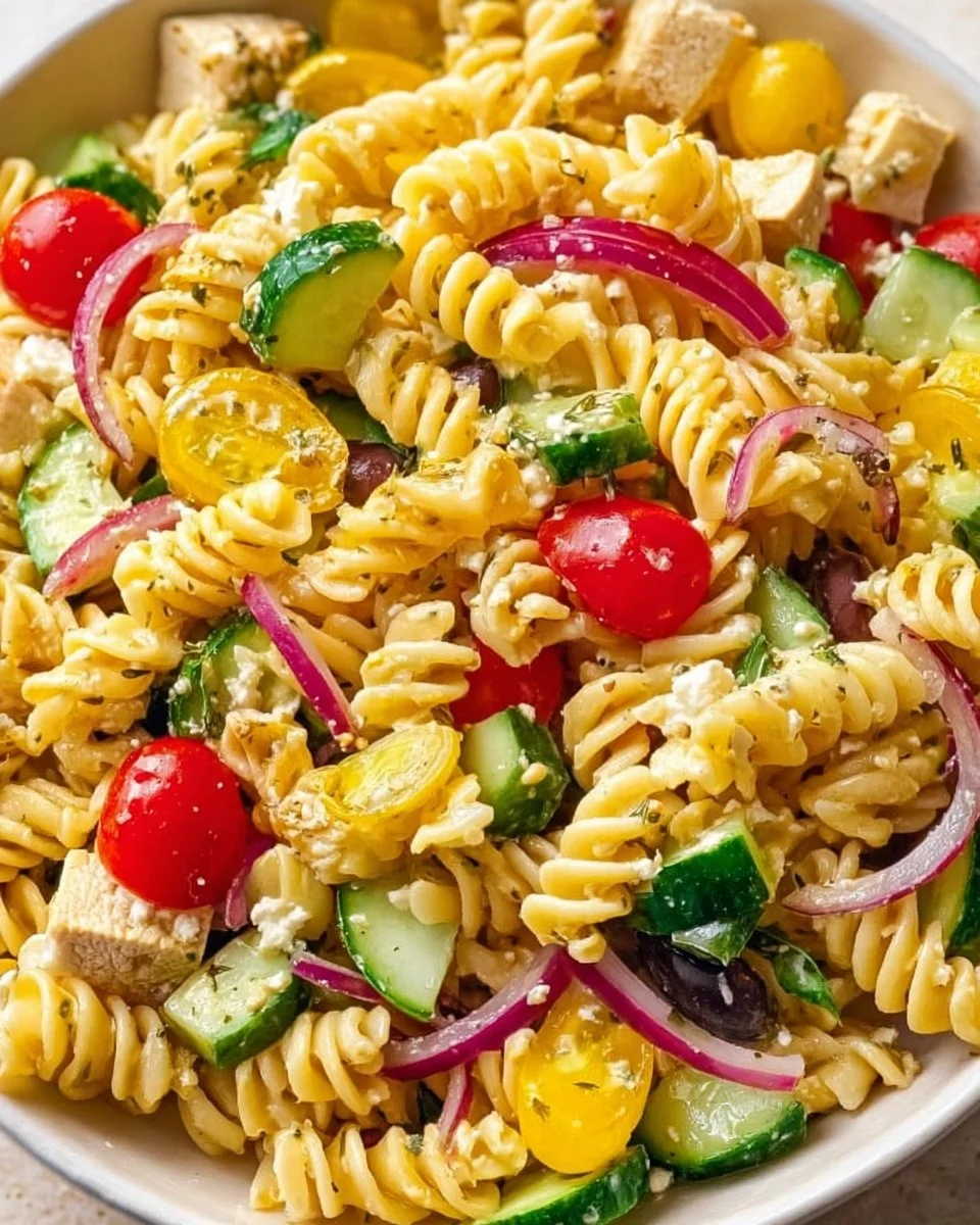 Delicious Mediterranean Pasta Salad with olives, feta cheese, and cherry tomatoes