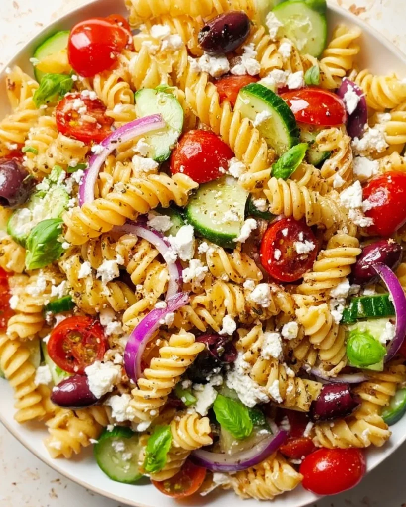 Colorful Mediterranean Pasta Salad with vegetables, olives, and feta cheese in a bowl.